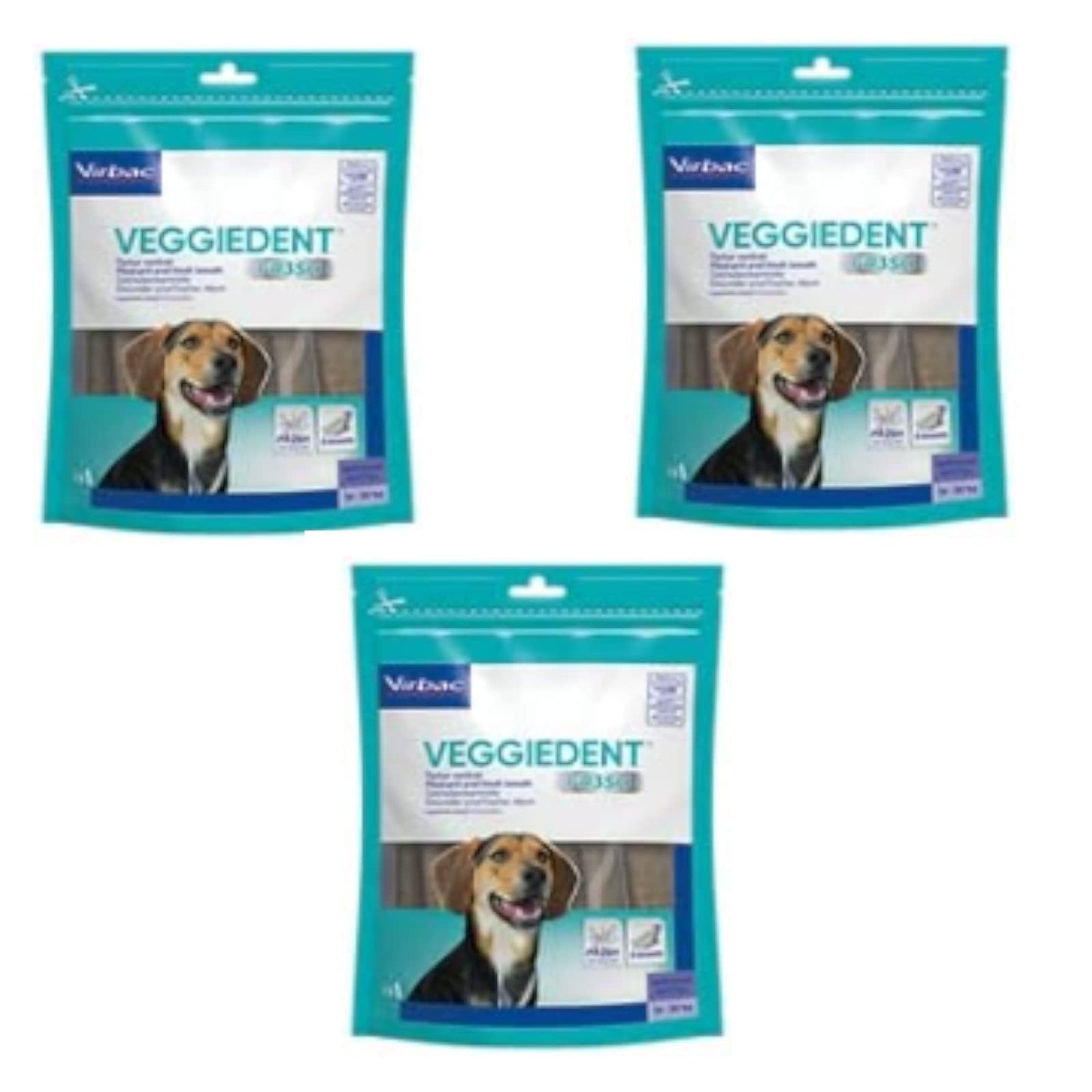 Virbac VeggieDent M - Tiras masticables para perros medianos (10 a 30 kg) - Paquete de 3 x 15 tiras