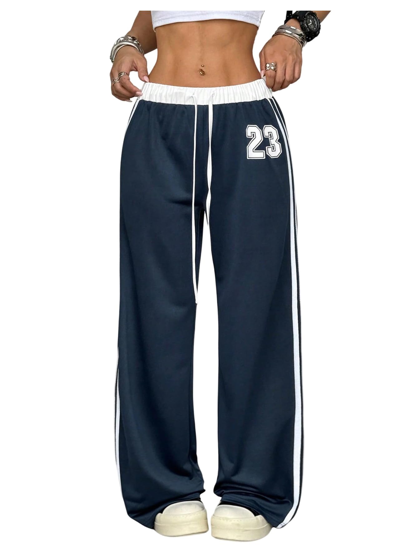 Womens Y2k Number Graphic Baggy Pants Side Striped Wide Leg Drawstring Waist Loose Track Pants Trousers Streetwear