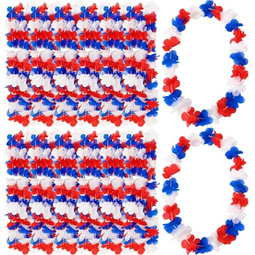 JUNEBRUSHS 24Pcs Patriotic Red White and Blue Leis 4th of July Accessories