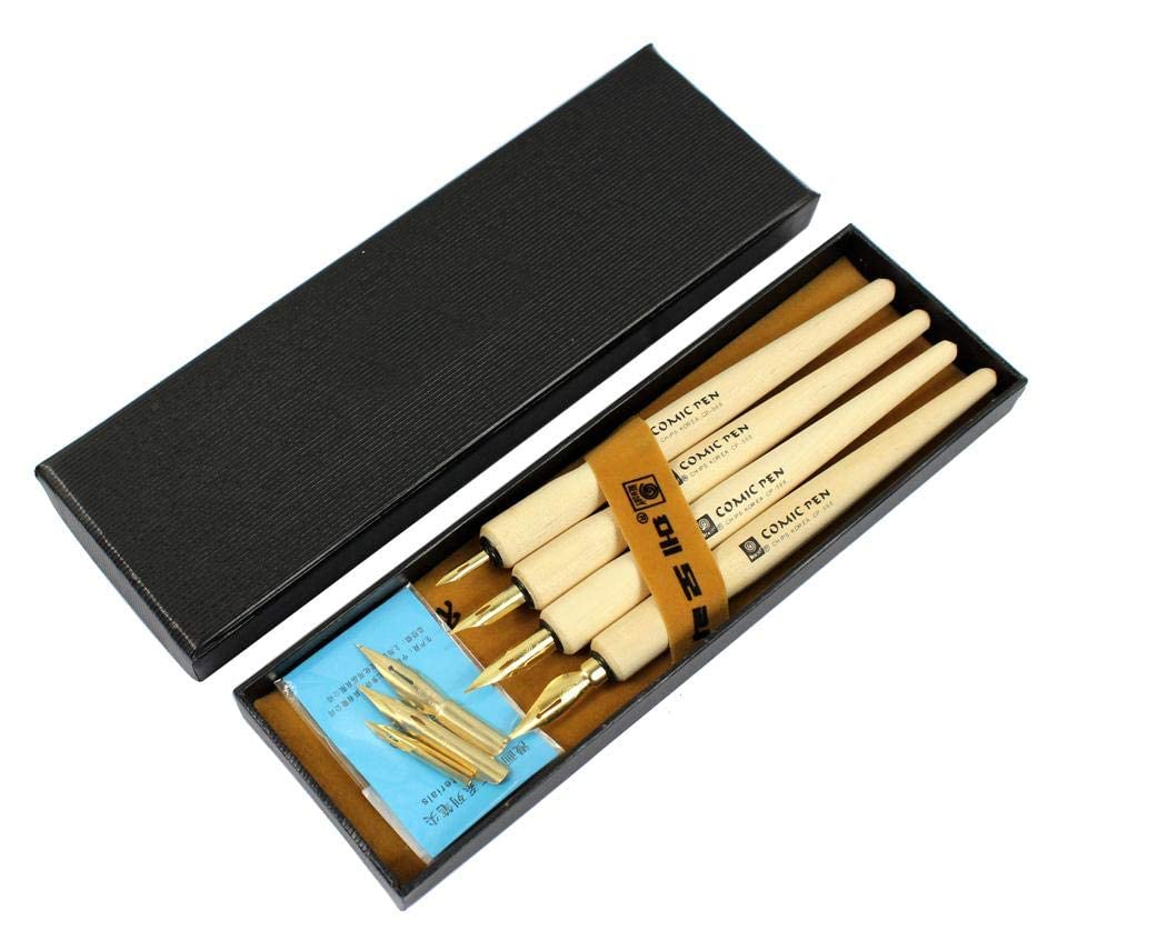SCHMIDT Wooden Calligraphy Pen Professional memory Pen Dip Pen Set with 4 Nibs Manga Cartoon Comic Drawing Painting Kit – 4 Pcs