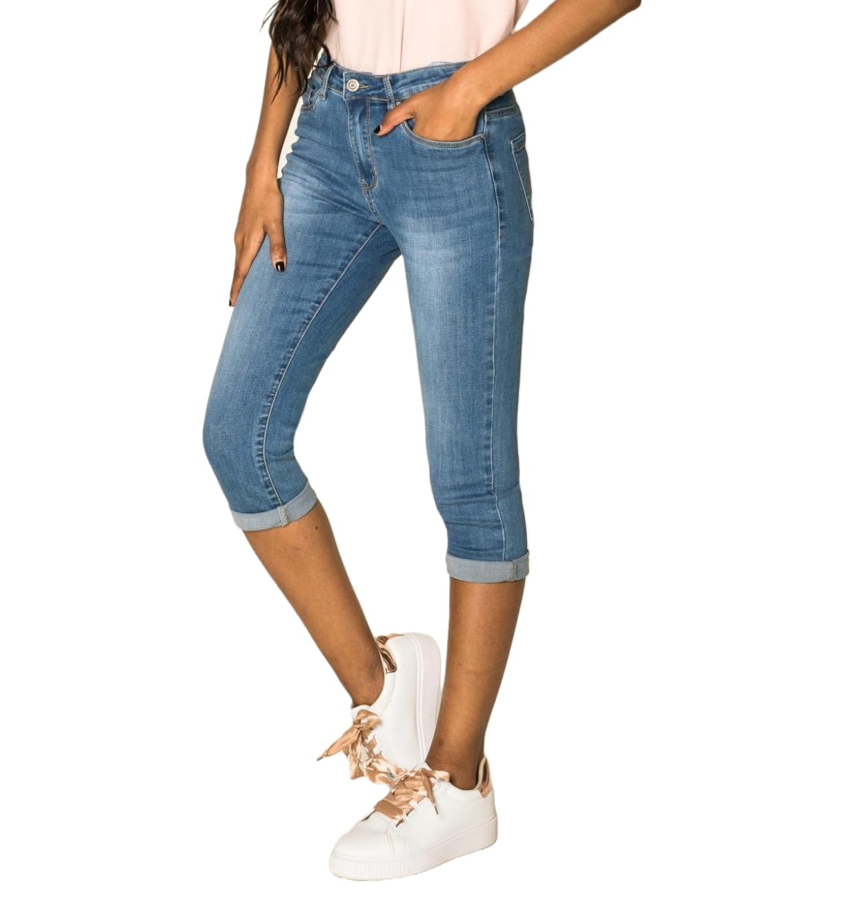 Nina Carter P132 Capri Skinny Fit Jeans a vita alta, effetto lavanderia