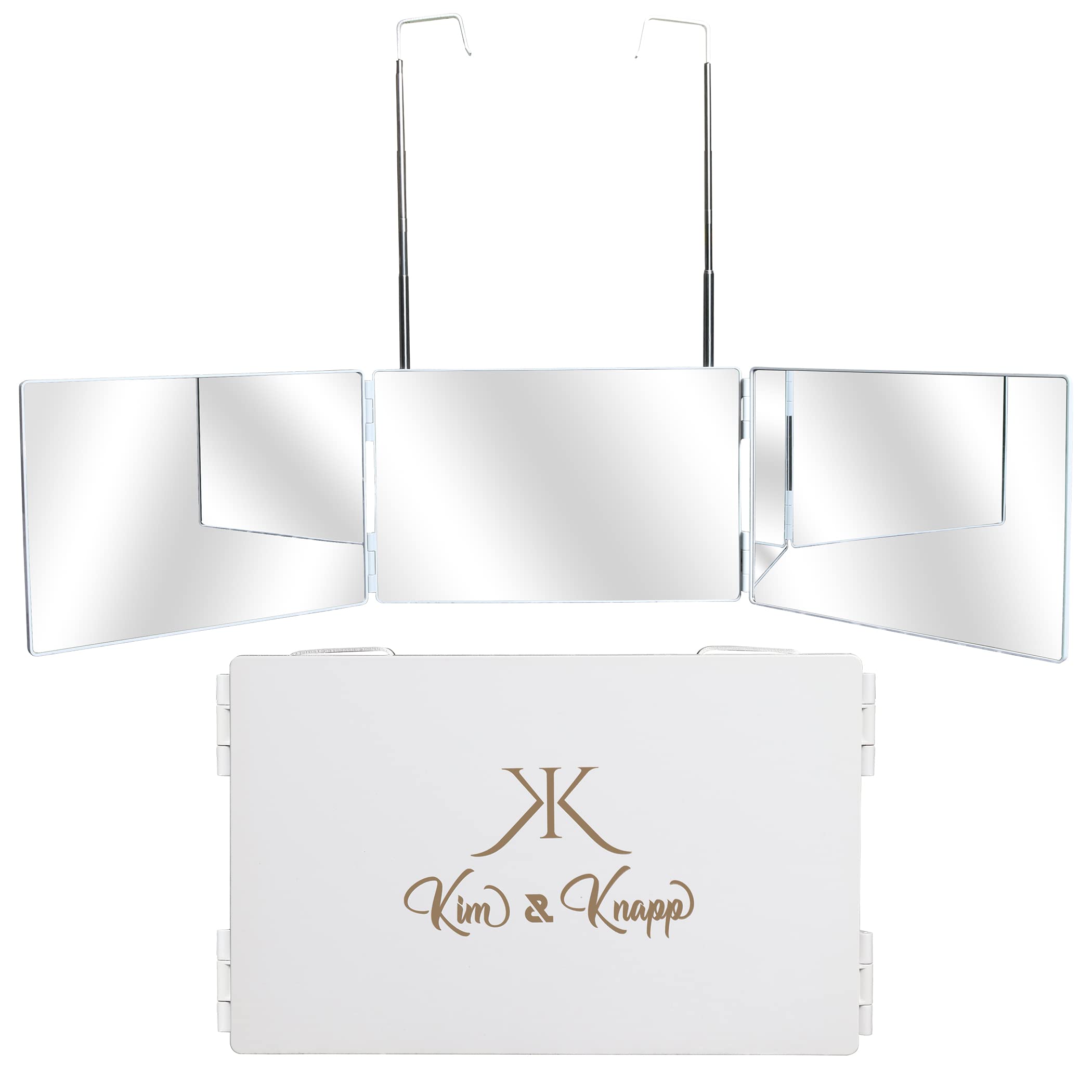 Kim & Knapp 3 Way Travel Barber Mirror – Premium 360 Degree Trifold Mirror for Makeup and Self Hair Cutting – With Height Adjustable Hooks