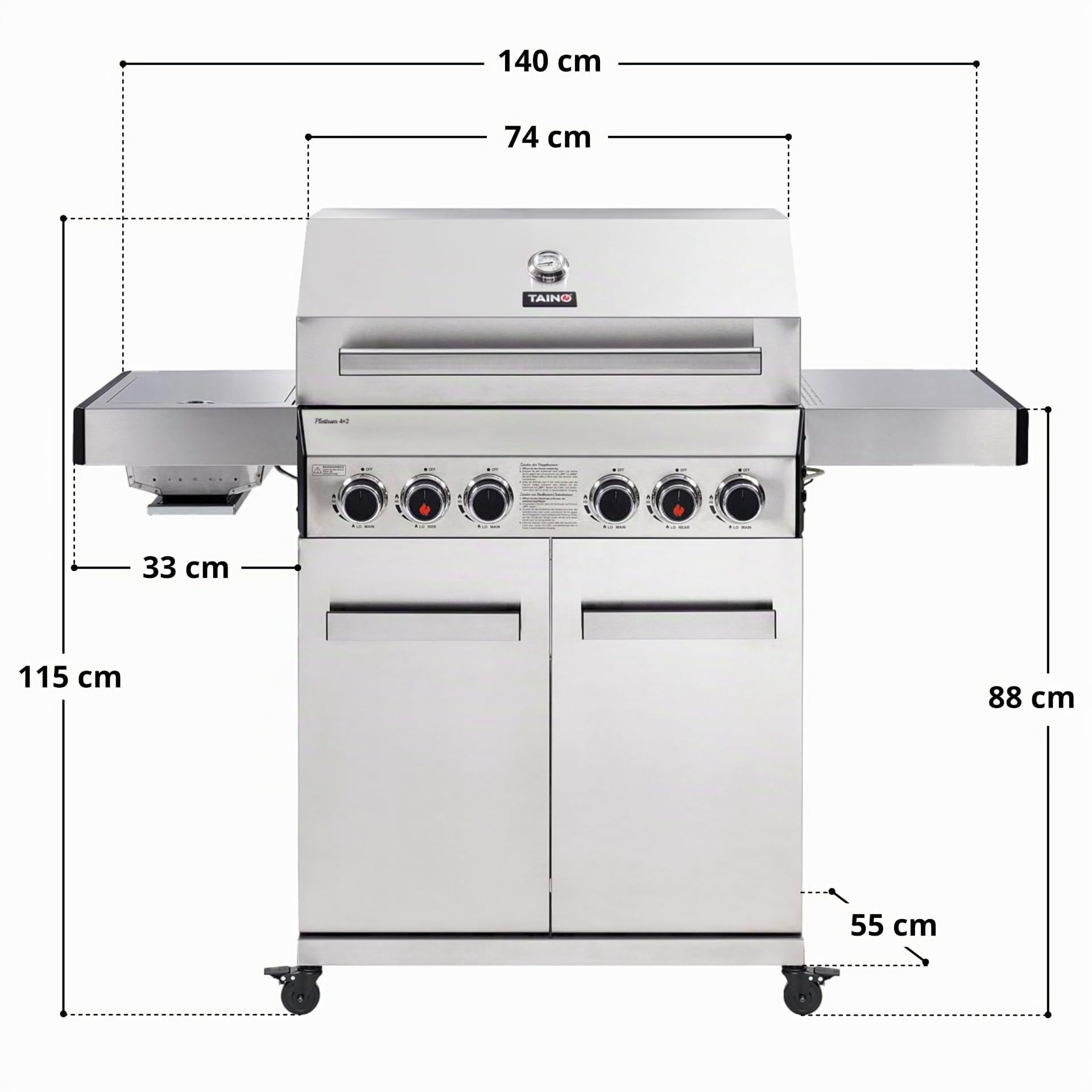 TAINO PLATINUM 4+2 Gasgrill Edelstahl komplett 4 Brenner mit Seitenkocher und Keramik Sear-Burner Power-Zone Seitenbrenner