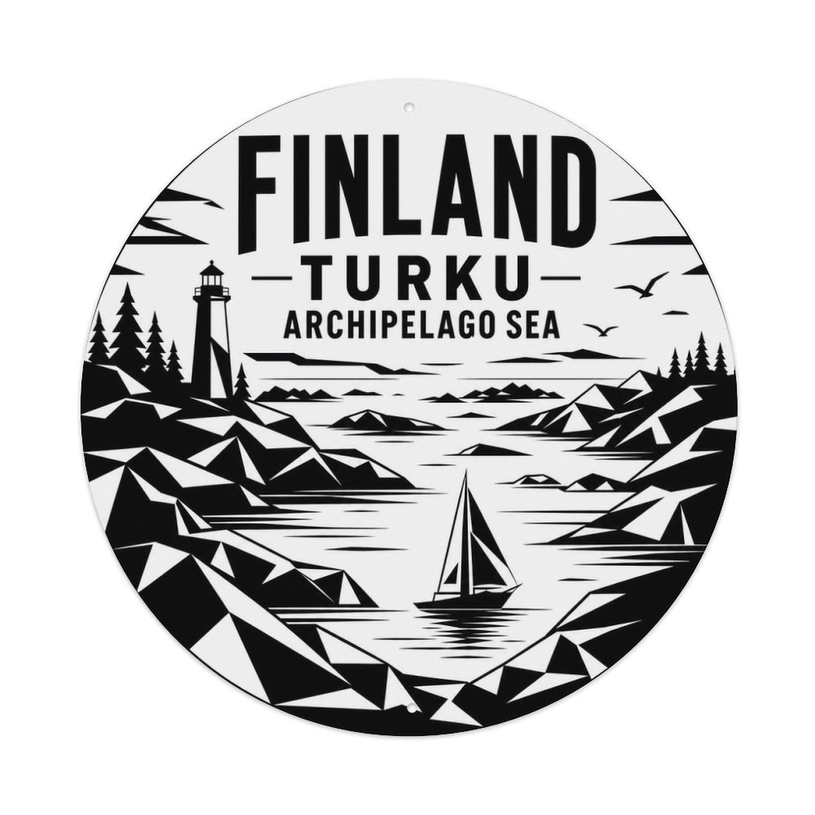 Turku Archipelago Sea Nordic Monochrome Seaside Scenery Metal Tin Sign Plaque Wall Decor for Cafe, Man Cave, Club Bar, Office, Home Garden Round Metal Poster 8x8Inch