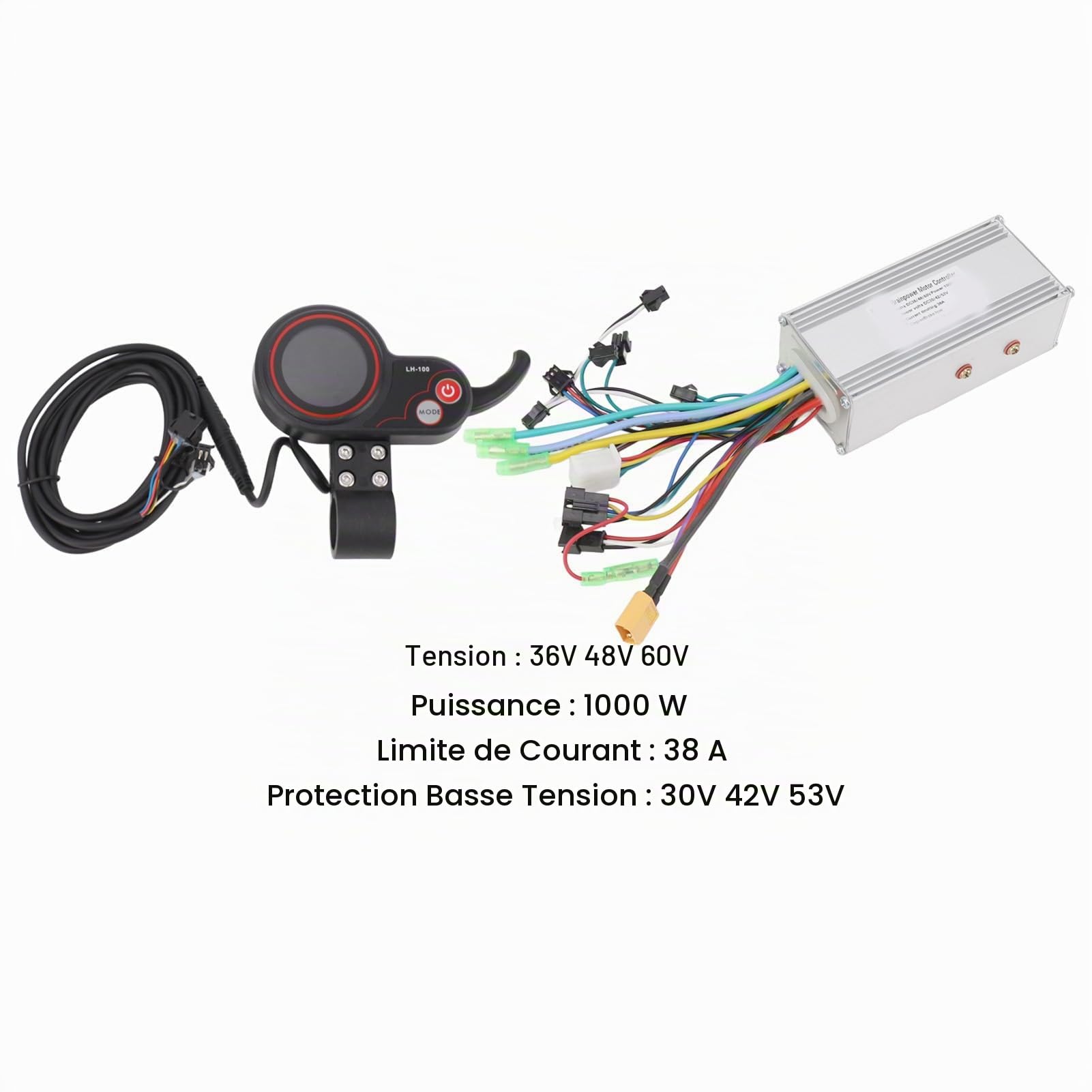 BuyWeek Kit de Contrôleur de Moteur Sans Balais pour Vélo Électrique, 36V 48V 60V 1000W 38A 3 Modes Contrôleur d'Onde Sinusoidale et Panneau d'Affichage LCD LH100 avec Accélérateur