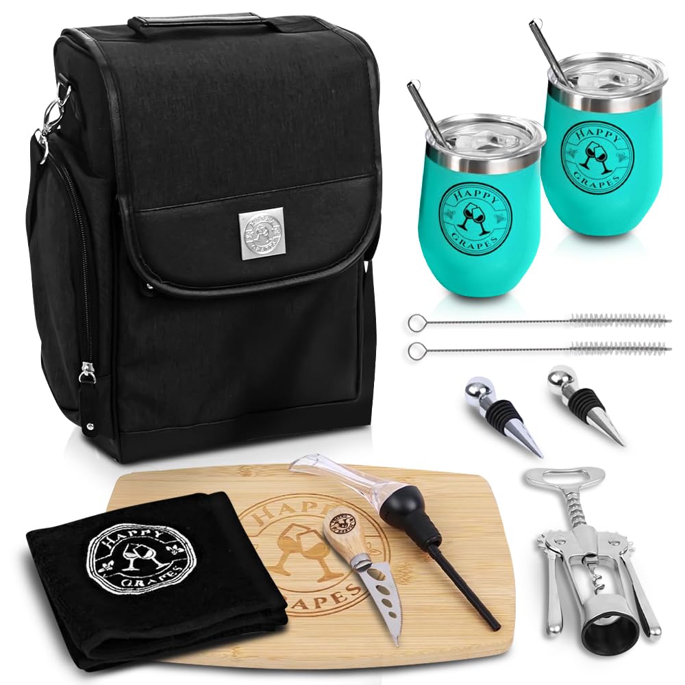 Happy Grapes Wine Tote Bag Set - Insulated Wine Carrier with 2 Stainless Steel Tumblers, Aerator, Charcuterie Board & Knife, Bottle Stoppers, Opener & Wash Cloth - for Picnics Beach Patio Pool Camp t