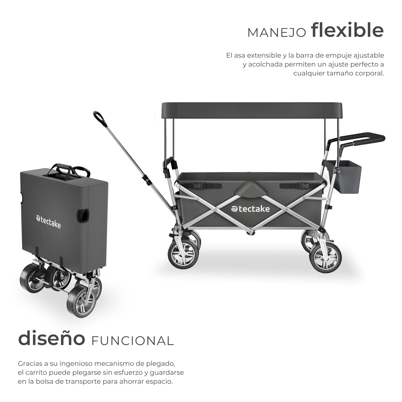 tectake® Carro Plegable para Jardín, Carro Transporte con Techo Desmontable, Carrito Playa con Asa Telescópica, Carretilla Jardín con Bolsa Trasera, Carro Camping Multiuso, Capacidad 80 kg - gris