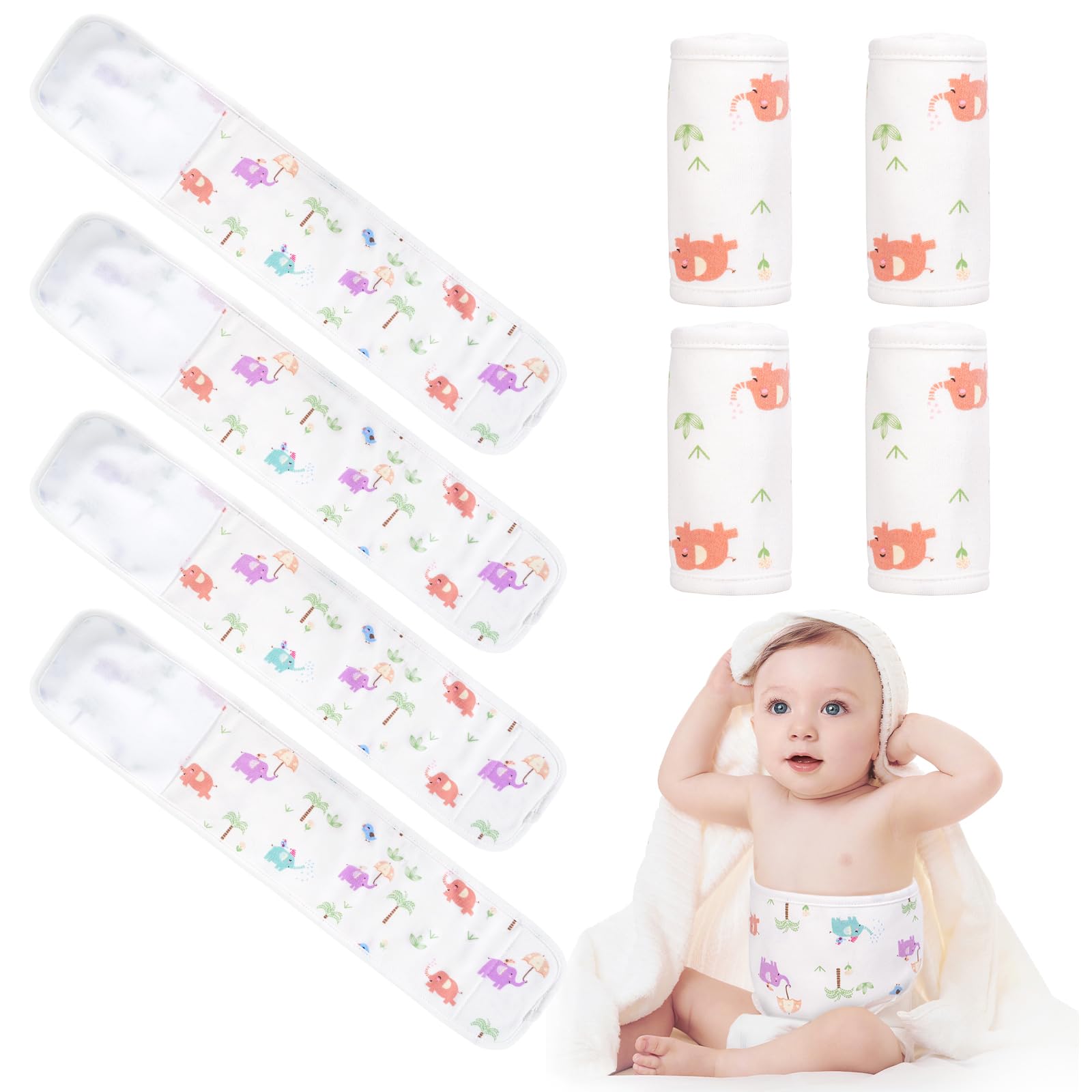 4 Pack Umbilical Cord Belly Band, Soft Cotton Adjustable Newborn Navel Wrap, Cartoon Elephant Baby Tummy Protector for 0-12 Months Infant Gift