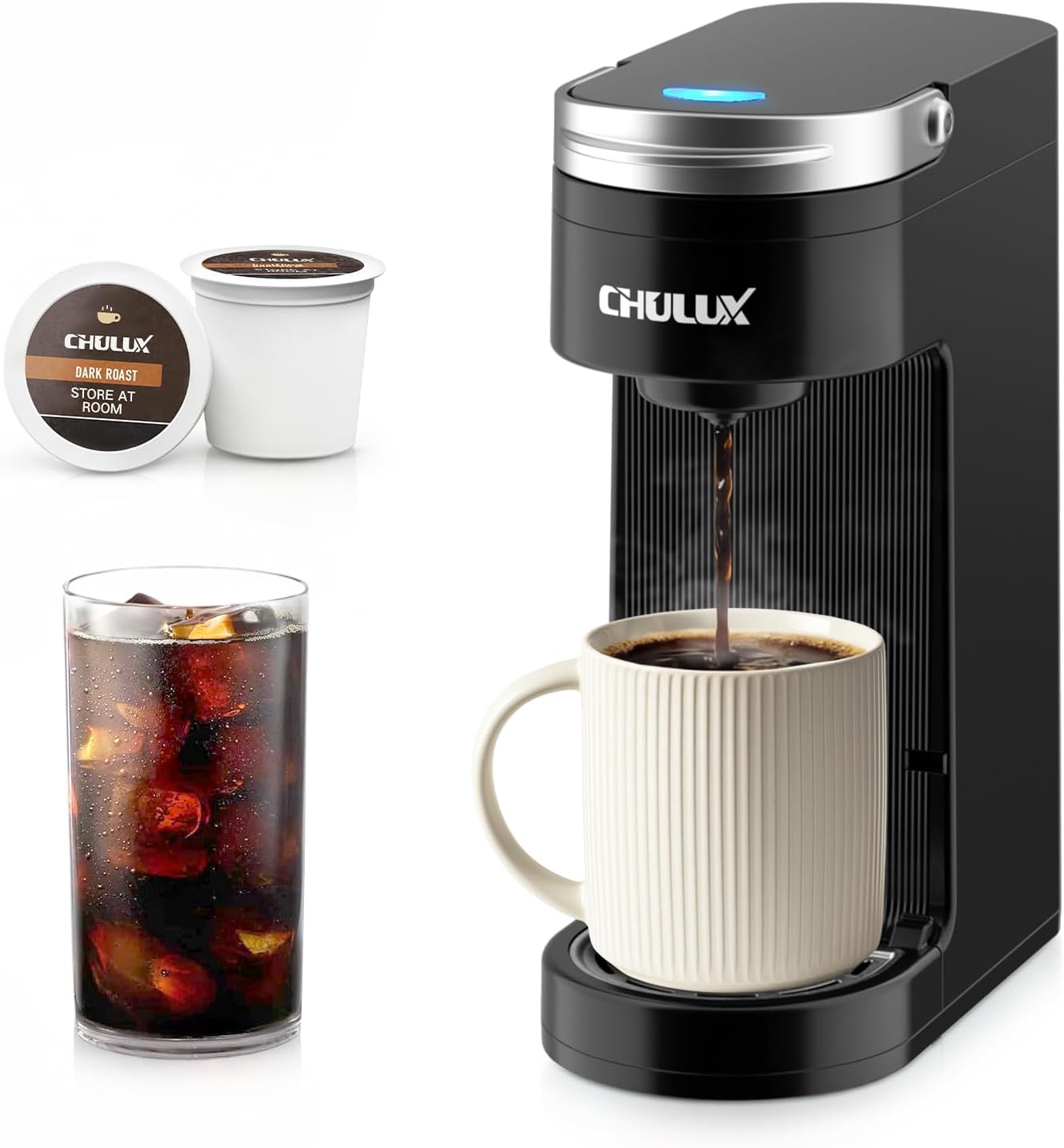 CHULUX Slim Single Serve Coffee Maker for K Cup Pod, Compact Portable Coffee Machine for Dorm, RV, Office and Travel, Matte Black