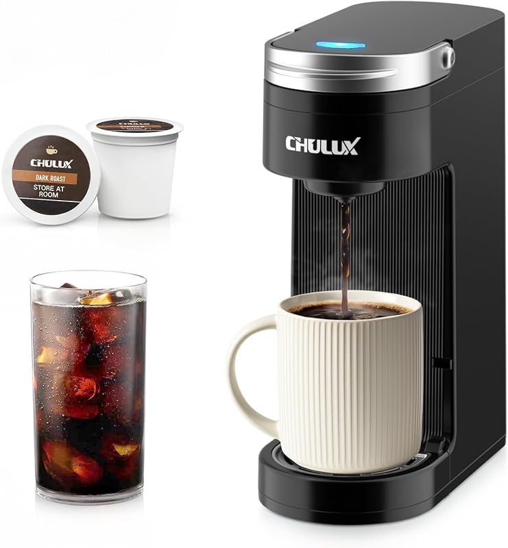 CHULUX Slim Single Serve Coffee Maker for K Cup, Fast Brewing, Matte Black | Rapid-Heating Boiler Tech, 4-Hole Needle for Richer Flavor, Adjustable Drip Tray for 7.3" Travel Mug, Food Grade Material