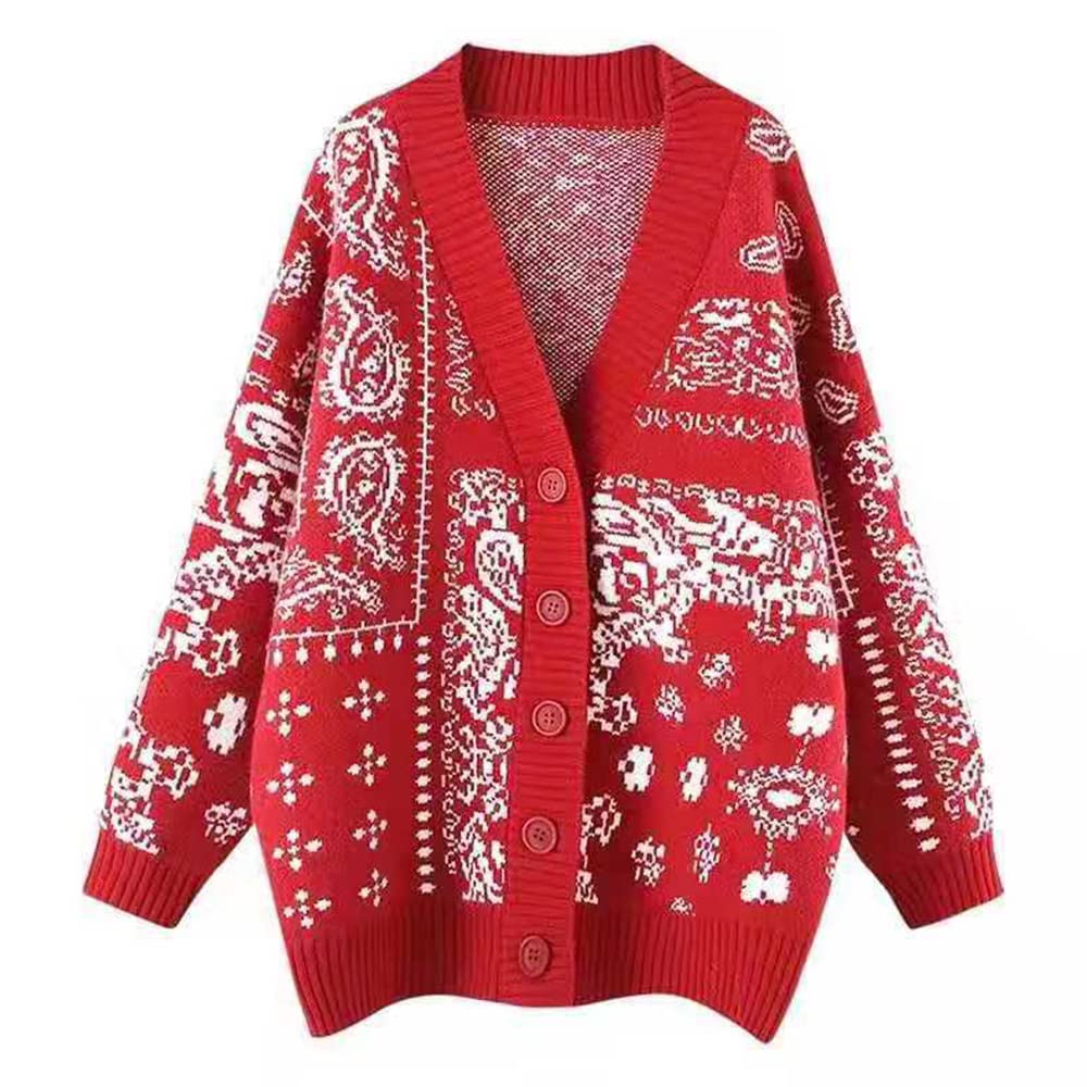 Womens Sweater Vintage V-Neck Jacquard Sweater Coat Womens Loose Casual Knitting Cardigan top