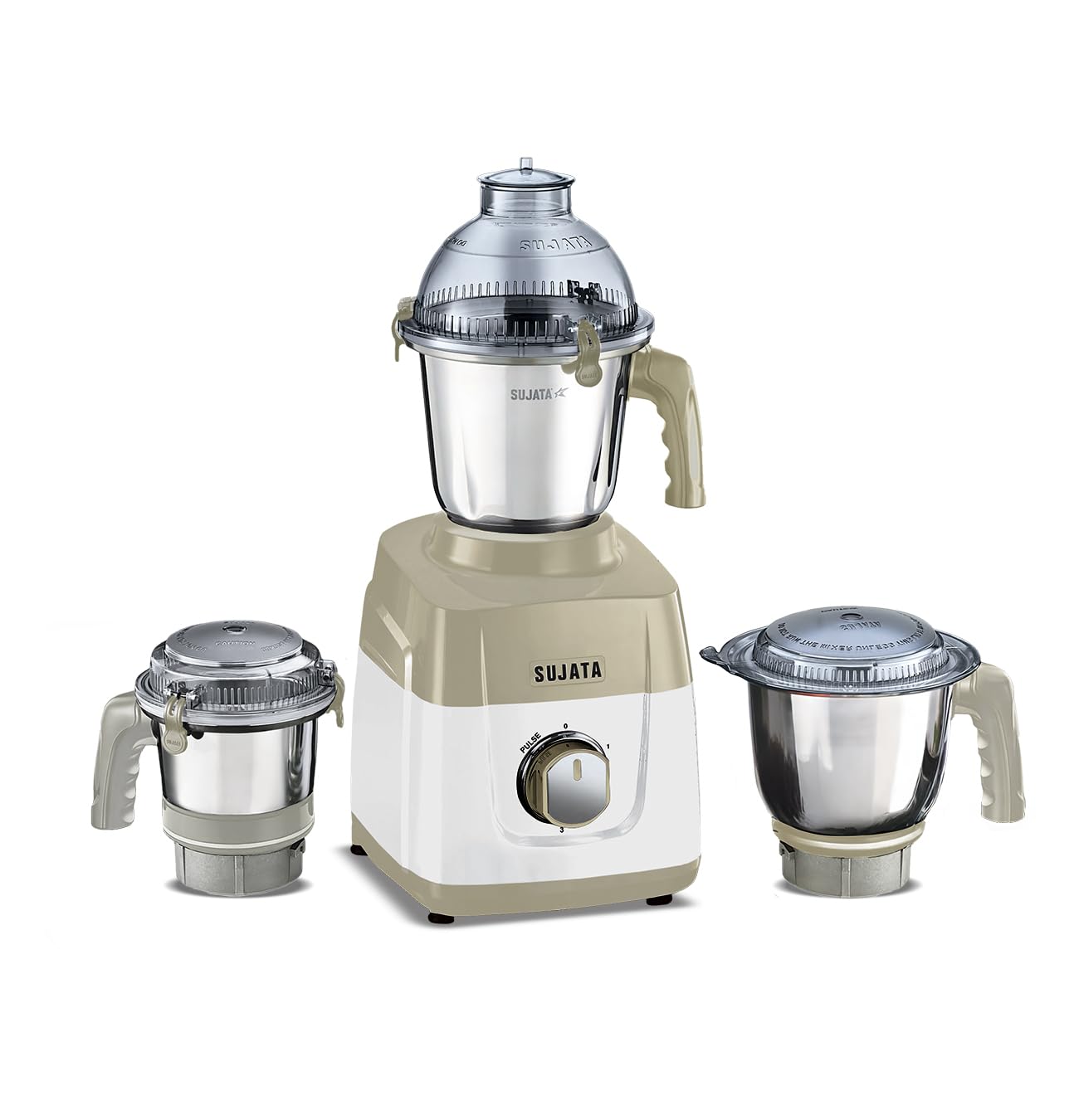 Sujata MG02 Mixer Grinder 1000Watts |Double Ball Bearing Motor|24000 RPM|Non-Stop 90 Mins Running|3 Food Grade Steel Jars including 1500ml Multipurpose, 1000ml Grinder, 500ml Chutney Jar|Beige & White