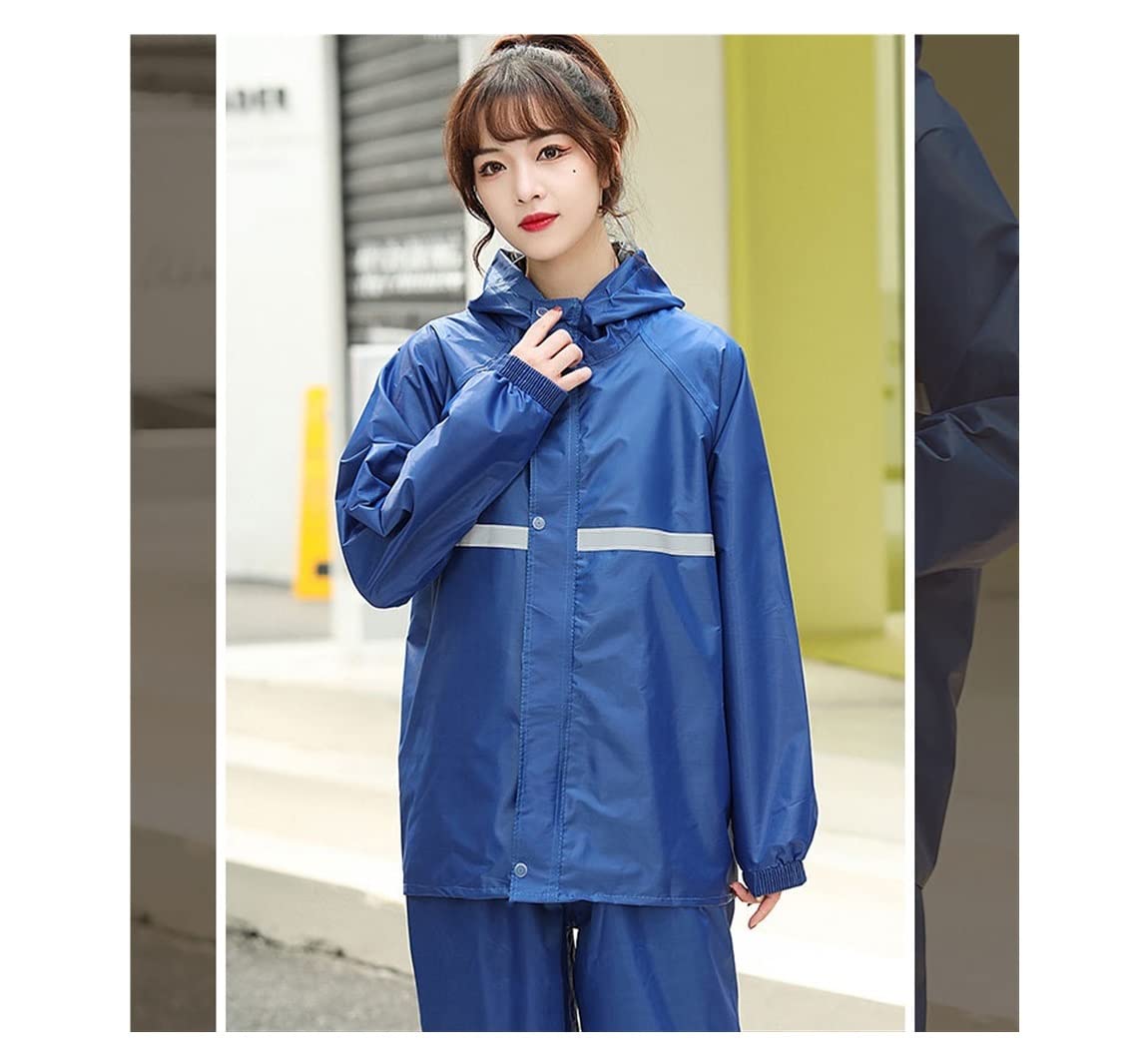 Raincoat Poncho Rain Proof Pants Coat Hoodie Waterproof Poncho Cloak Suit Raincoat with Reflective Strip Rain Coat (Color : Deep Blue, Size : X-Large)
