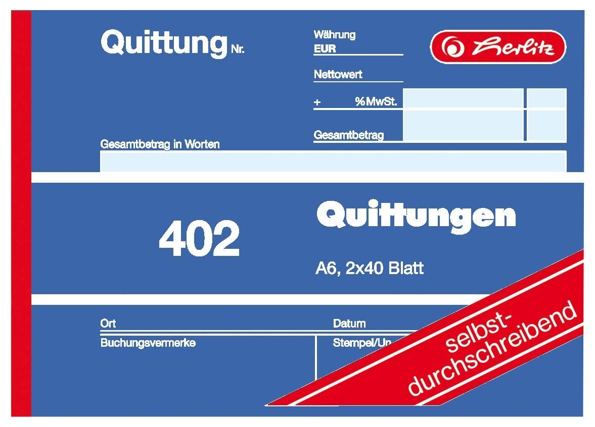 Herlitz 7876147 Quittungsblock A6 402 2x40 Blatt, selbstdurchschreibend (100er Pack)