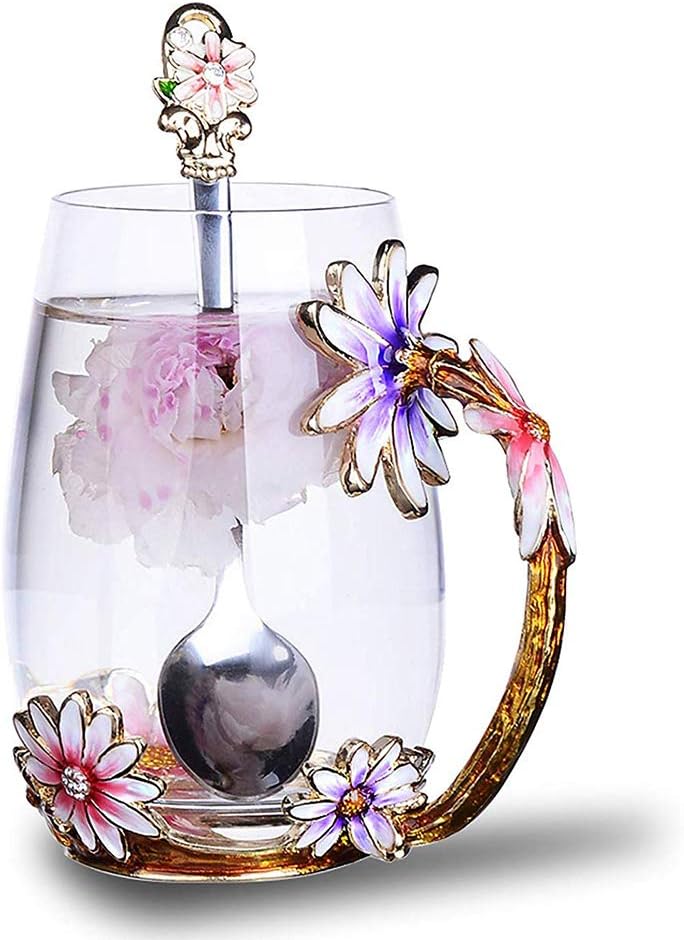 Flower Glass Tea Mug, Lead-Free Handmade Enamel Coffee Mug Tea Cups with Spoon For Women Grandma Mom Teachers Friend Wife 12oz