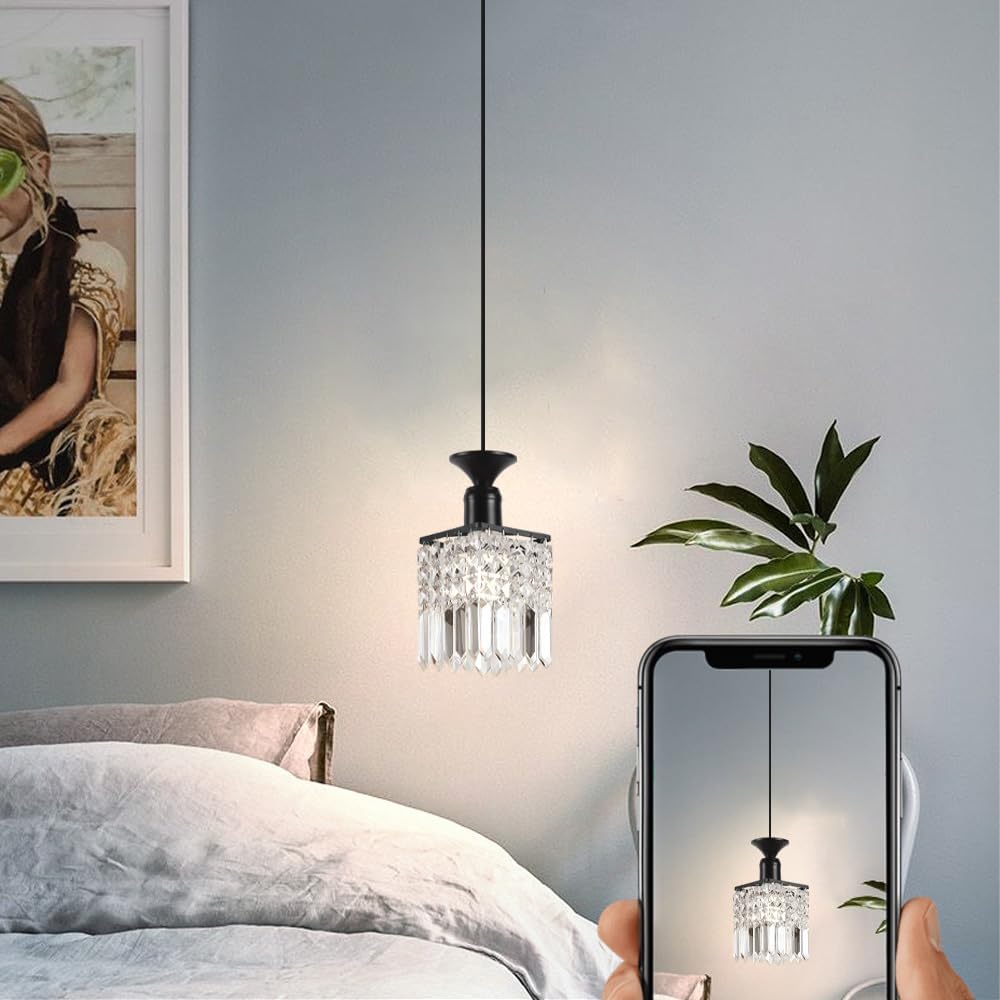 Small Crystal Chandelier/Crystal Pendant Light, Modern Chandelier with Adjustable Height, E26 Socket,Black,for Bedroom Bedside Lamp/Dining Room/Entrance/Study Room/Corridor/Balcony Lighting