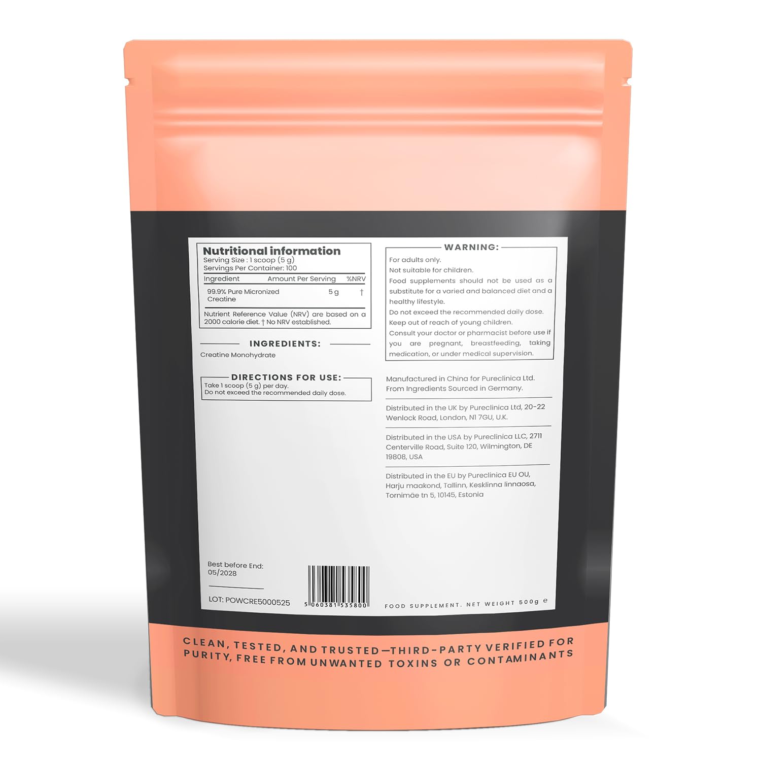 Kreatin-Monohydrat Pulver 3000 g (6 Beutel à 500 g) – 600 Tage Vorrat – Ultrafein, geschmacksneutral, vegan | Kein Blähen, schnelle Aufnahme | GMP-zertifizier
