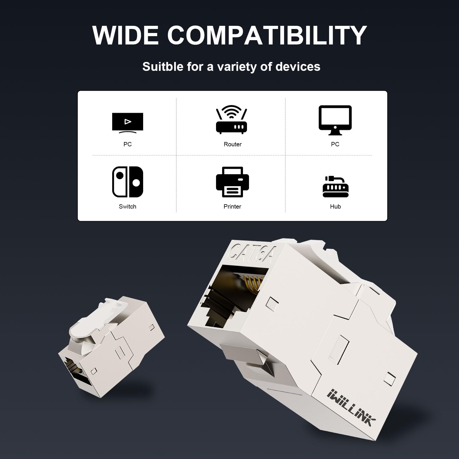 iwillink Lot de 10 coupleurs RJ45 Keystone blindés Cat6A 10 Gbit/s, coupleur Ethernet en alliage de zinc, femelle vers femelle Cat6a Keystone, argenté