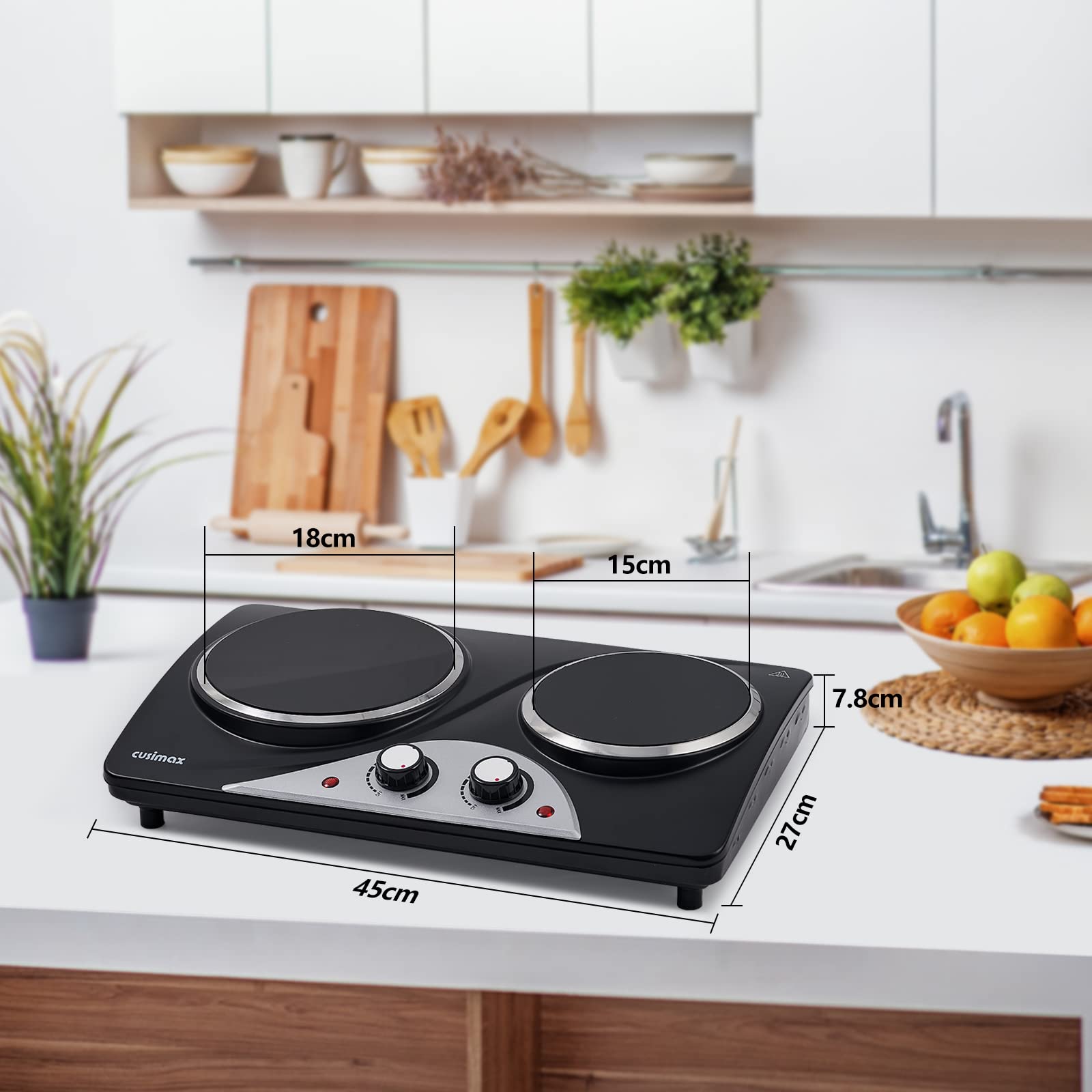 Plaque de cuisson électrique double CUSIMAX 2100W avec chaleur infrarouge, idéale pour la cuisine, le jardin et le camping, plaque de cuisson en acier inoxydable avec thermostat réglable