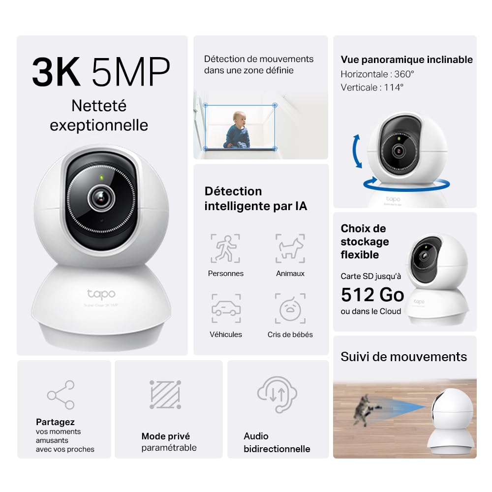 Tapo 3K(5MP) Caméra de Surveillance WiFi intérieure 360°, détection IA, Suivi Intelligent Sirène, Vision Nocturne, Audio bidirectionnel, Mode Privé, Compatible avec Alexa pour Bébé/Animaux C230