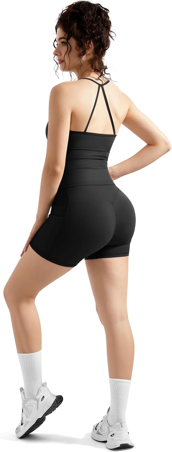 RXRXCOCO Cross Back Workout Sets for Women 2 Piece Padded Halter Tank Tops Hidden Scrunch Butt Booty Shorts with Pockets - Image 5