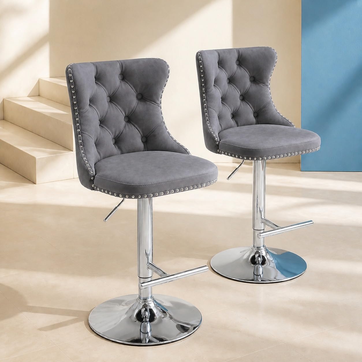 ODUSE-DAILY Velvet Swivel Bar Stools Set of 2, 25-33 Inch Height Adjustable