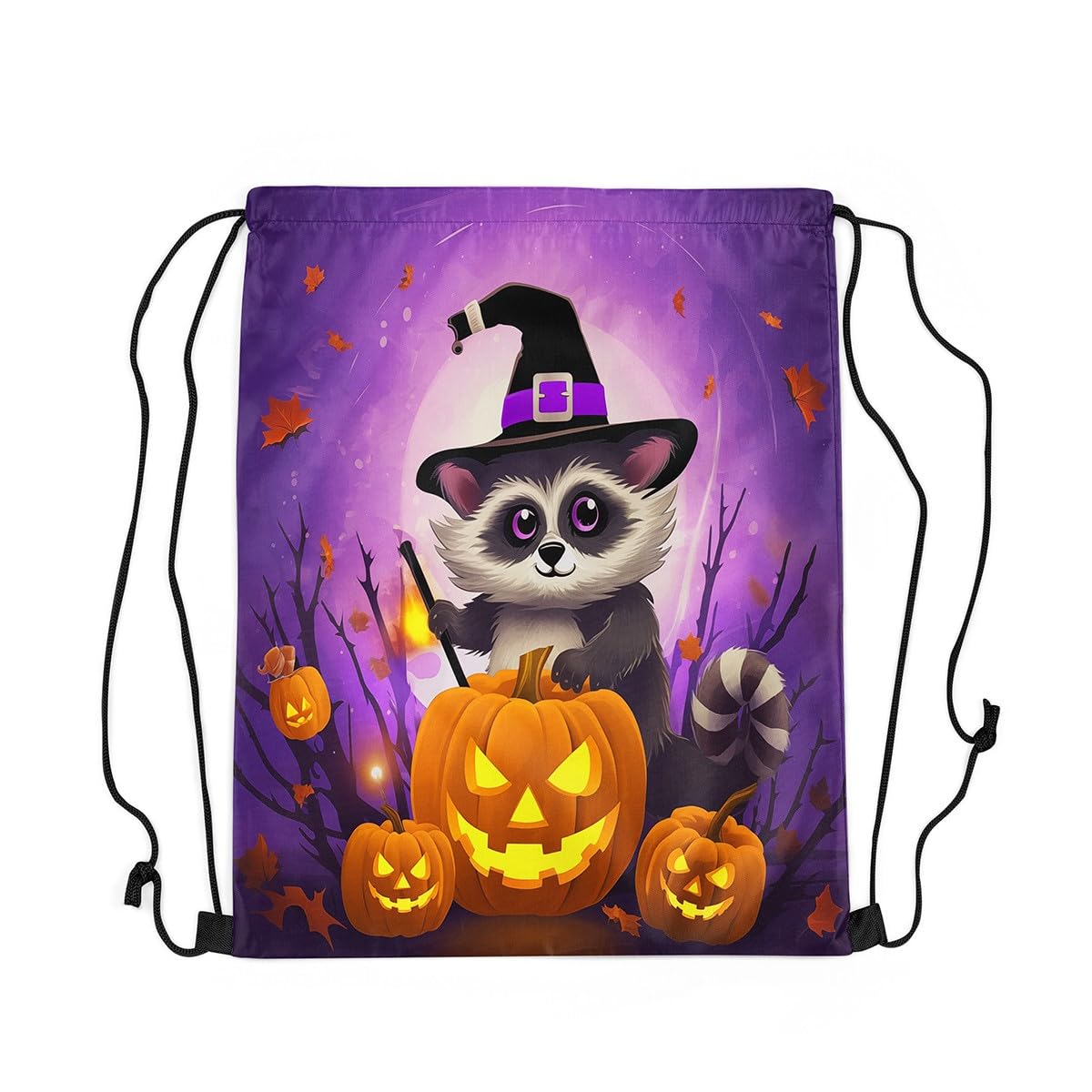 Loussiesd Purple Yellow Happy Halloween Drawstring Backpack 40x33cm for Horror Theme Sports Drawstring Sackpack Pumpkin Gym String Bag Witchcraft Drawstring Bags Waterproof