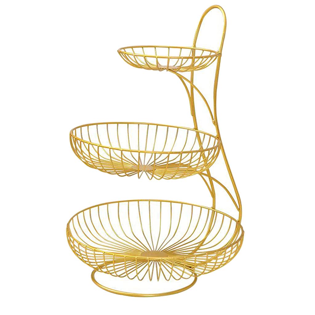 Fenteer Corbeille de Fruits en Métal Fil Paniers de Fruits Légumes Panier de Stockage de Fruits Fruits Panier de Fruits et Légumes de Stockage en Rack - Or 3 Niveau