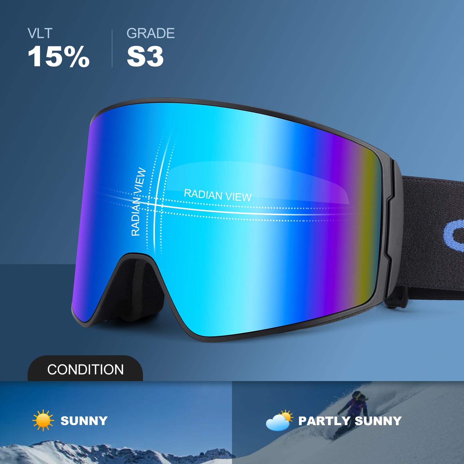 Odoland Kit de Gafas Esquí con Caja, Gafas Snowboard Cilíndricas con Vista Amplia, Antivaho y Protección UV, Mascara Esquí para Hombres Mujeres y Adolescentes, Compatible con Cascos
