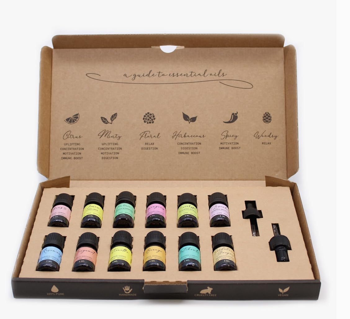 Aromatherapie-Set mit ätherischen Ölen – Die 12 besten ätherischen Öle für Raumdiffusoren und andere aromatherapeutische Vorteile. Rein veganes Geschenkset.