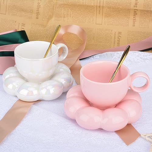 Miniatura 3 de Taza de café de flores, juego de taza de café y platillo de cerámica con nube, bonita taza con cuchara de flores, taza de té Kawaii con plato de