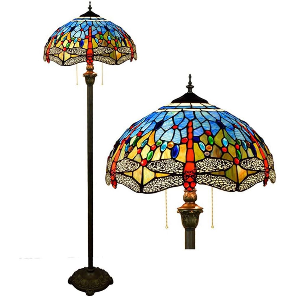 IUokLU Tiffany Style Dragonfly Reading Floor Lamp Mediterranean Blue Stained Glass Floor Lamp with Pull Chain for Bedroom Living Room, 63 Inch Tall