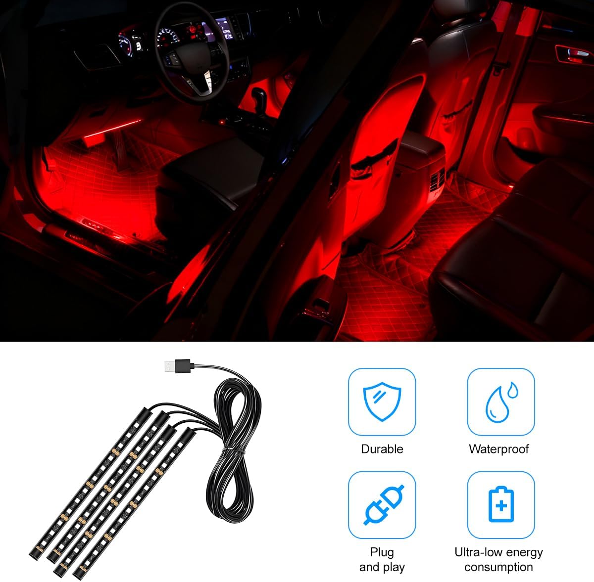 Car LED Strip Light, 12V 48 LED Vehicle Under Dash Neon Ambient Night Decor Lamp with USB Port, Automotive Interior Lighting Accessories, Universal for SUV Truck Sedan (Red) image 5