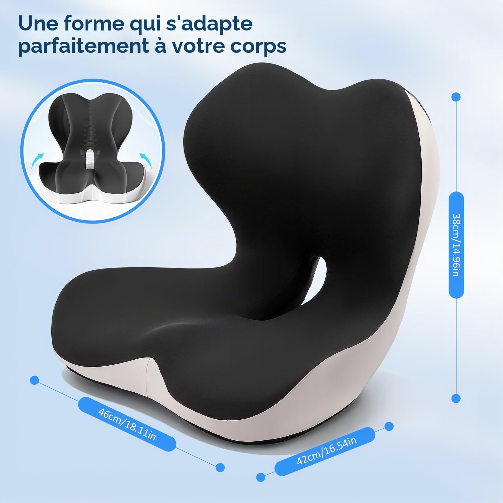 Coussin Chaise Lombaire, Coussin de Siège en Mousse à Mémoire, d'assise Orthopédique avec Dossier, Ergonomique, Memoire Forme Plusieurs Zones Fonctionnelles, pour Bureau Coussins Siège de Voiture