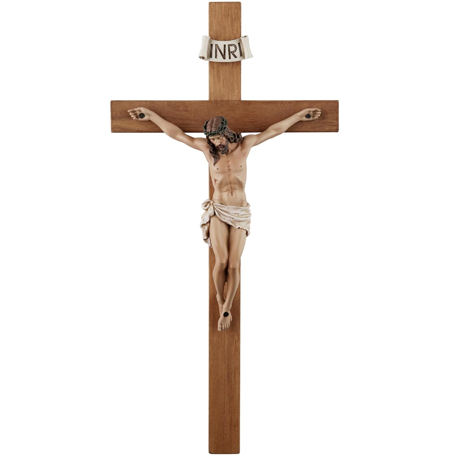 Crucifix Wall Cross - 14 Inch Olive Wood Wall Crucifix Hand Painted Resin Jesus on Wooden Crucifix Catholic