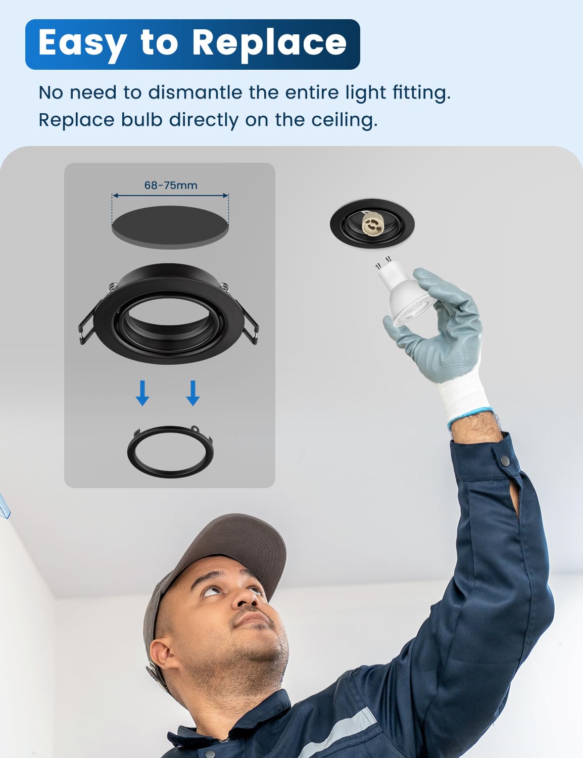Einbaustrahler GU10 Set, 10x Schwenkbar Einbaurahmen 68mm mit GU10 Fassung, LED Spots 230V Rund Flach Deckenspots, Einbauspots Einbauleuchten Rahmen Matt Schwarz für LED oder Halogen Lampe