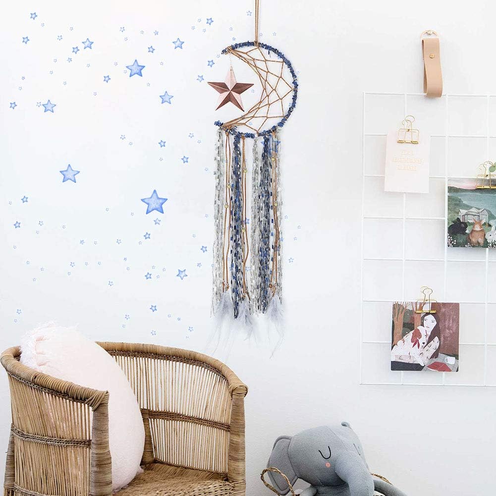 AerWo Star Moon Dream Catchers for Moon Wall Decor, Handmade Moon and Stars Decorations for Bedroom Wall Hanging Festival Gift(Dia 7.5" Length 26")