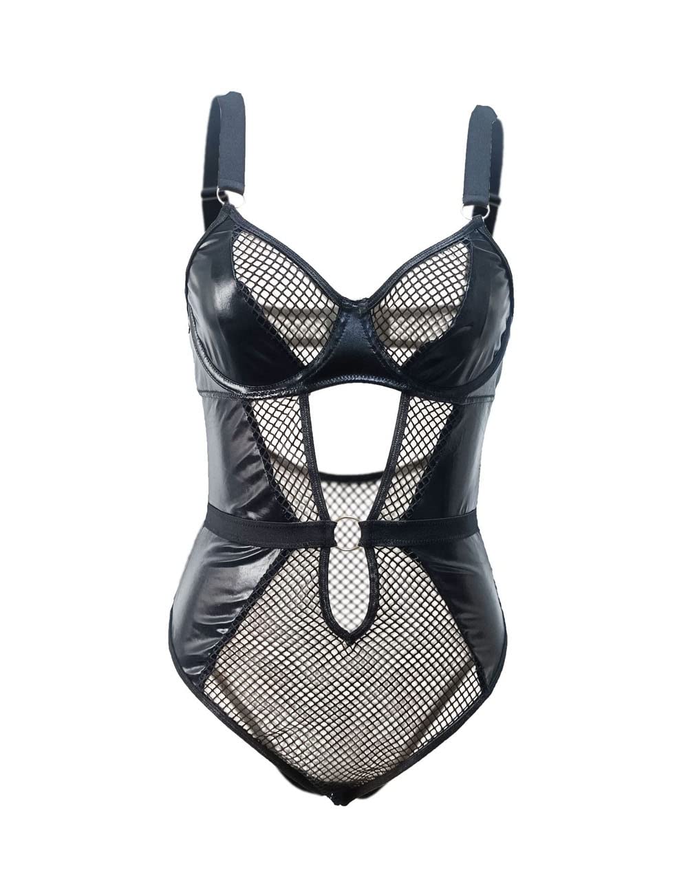 CrubelonWomen’s Wet Look Lingerie Leather Bodysuit Mesh Patchwork Halter Neck High Cut Leotard Bodysuit Clubwear