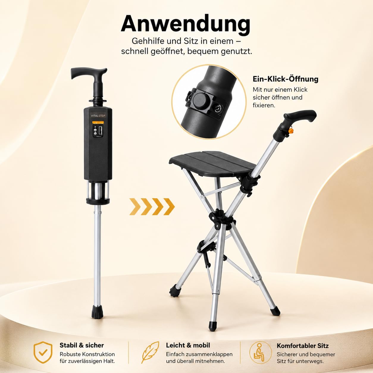 Faltbarer Gehstock mit Sitz, Aluminium Sitzstock bis 120 kg | Klapphocker für Wandern, Camping, Reisen und Schlange stehen