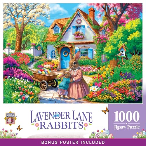 MasterPieces Easter Rompecabezas de 1000 piezas para Adultos y Familia - Conejos de Lavender Lane - Acabado Mate, Ecológico, Póster Bonus - 19.25"x26.75"