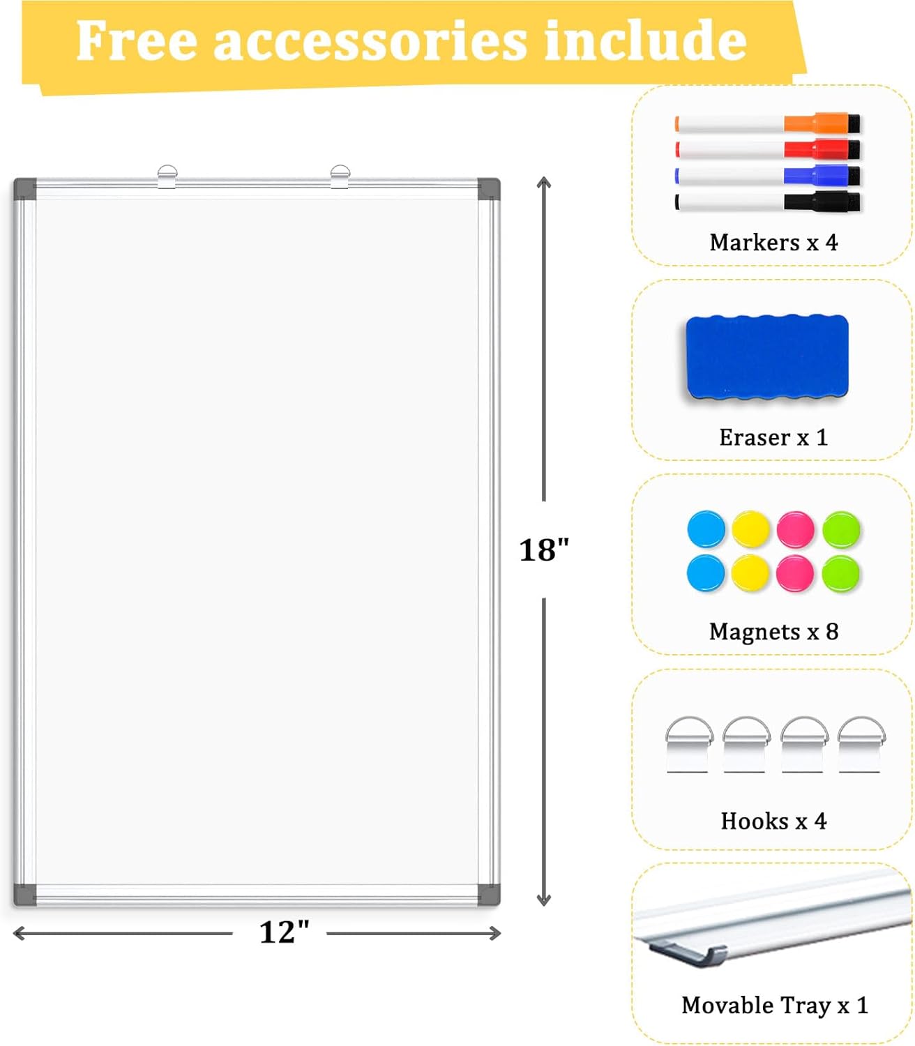 Double-Sided Magnetic Whiteboard, 18" x 12" Dry Erase Board Aluminum Frame for Wall, White Board Marker Board for Kitchen, Memo, School, Home, Office