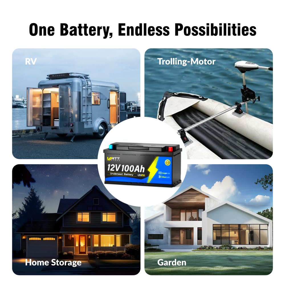 Wattcycle 12V 100Ah LiFePO4 H190 Akumulator Litowy Bluetooth, Wysokość 188 mm, Smart BMS 100A i Ochrona Zimowa, Do 15000 Cykli, Idealny Zamiennik Kwasowo-Ołowiowy Do Kamperów i Systemów Solarnych