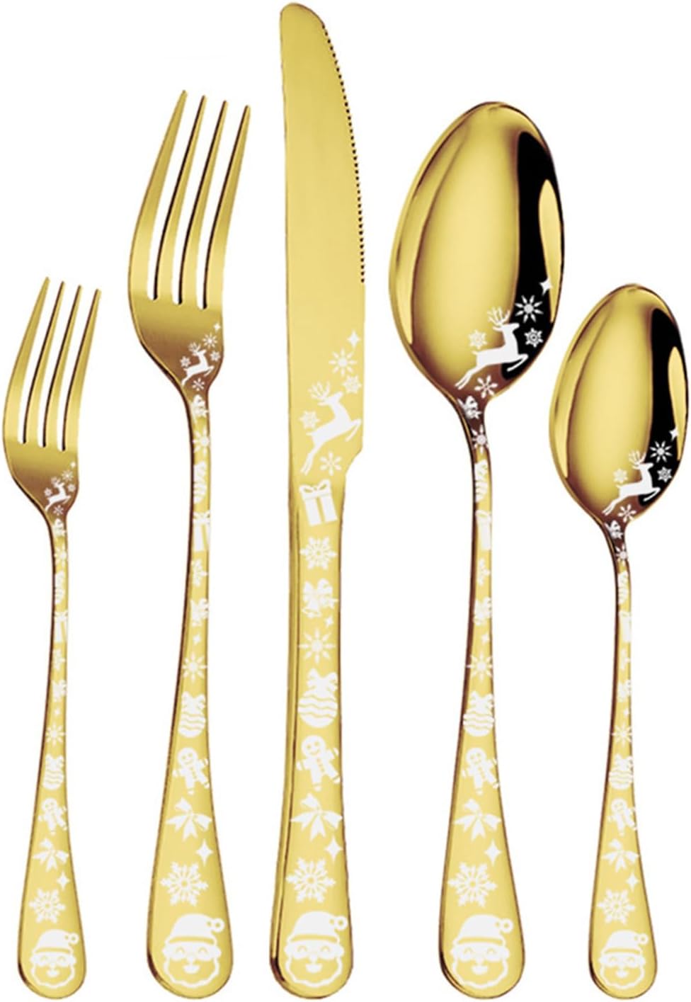 Christmas Silverware Set, 5-Piece Stainless Steel Silverware Set with Knives, Spoons and Forks, Unique Santa Snowflakes and Elk Design, Mirror Polished, Gold
