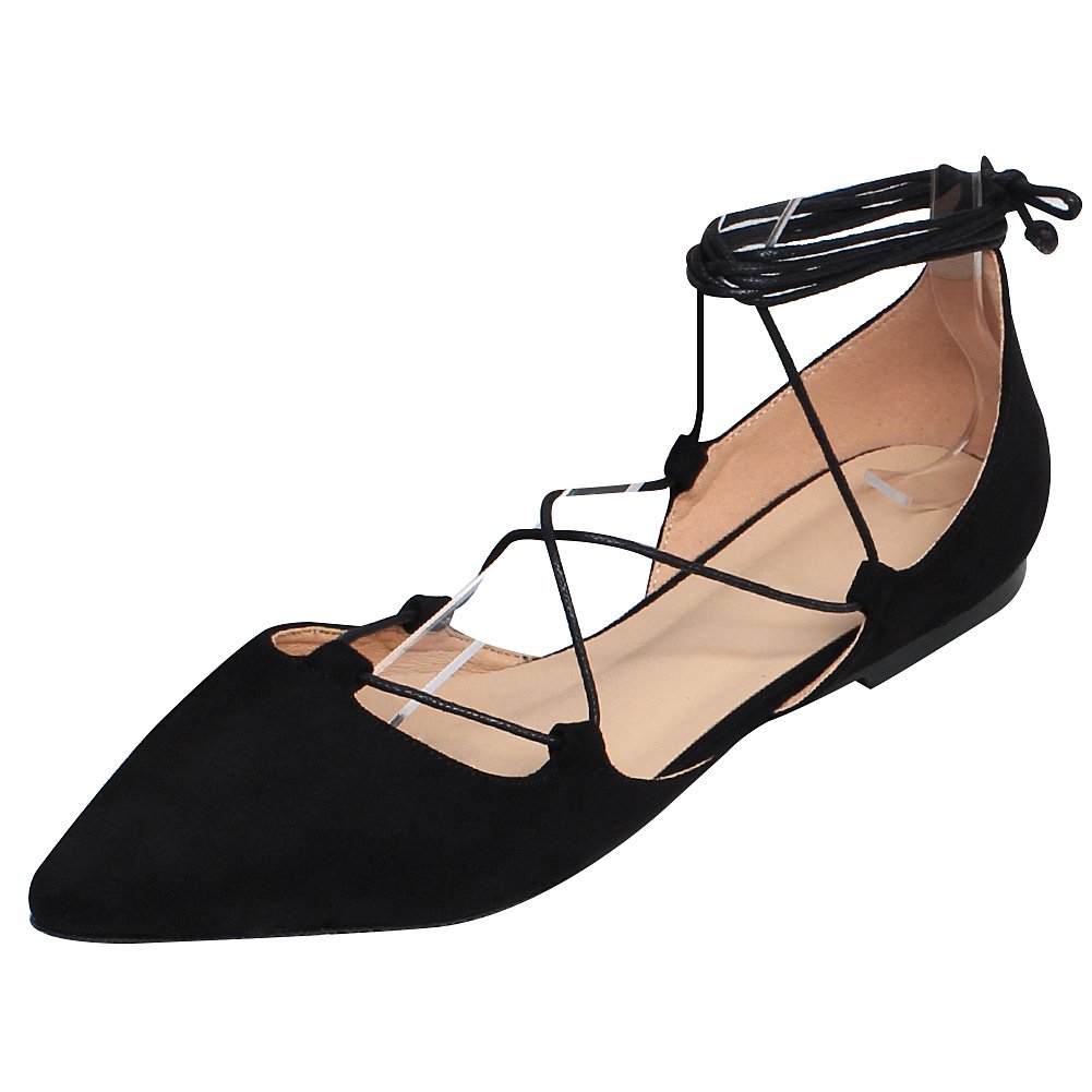 Donna Morbido Pelle Scamosciata Sintetica Piatto Appuntito Pumps Fantasia Croce con Cordoncino Ballerine