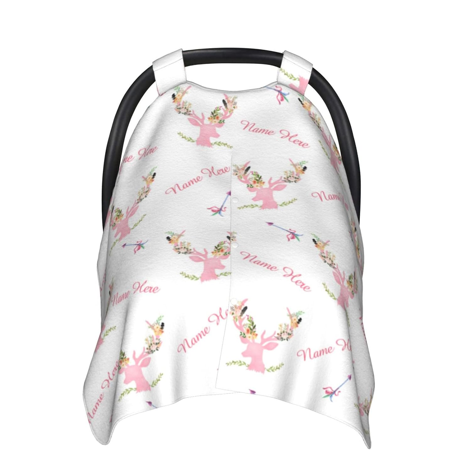 Custom Baby Name Car Seat Covers for Babies, Carseat Canopy, Peekaboo Opening Minky Nursing Breastfeeding Cover Infant Canopies for Baby Girls Newborn (Print Girl Antler Flowers, Pink Minky Dot)