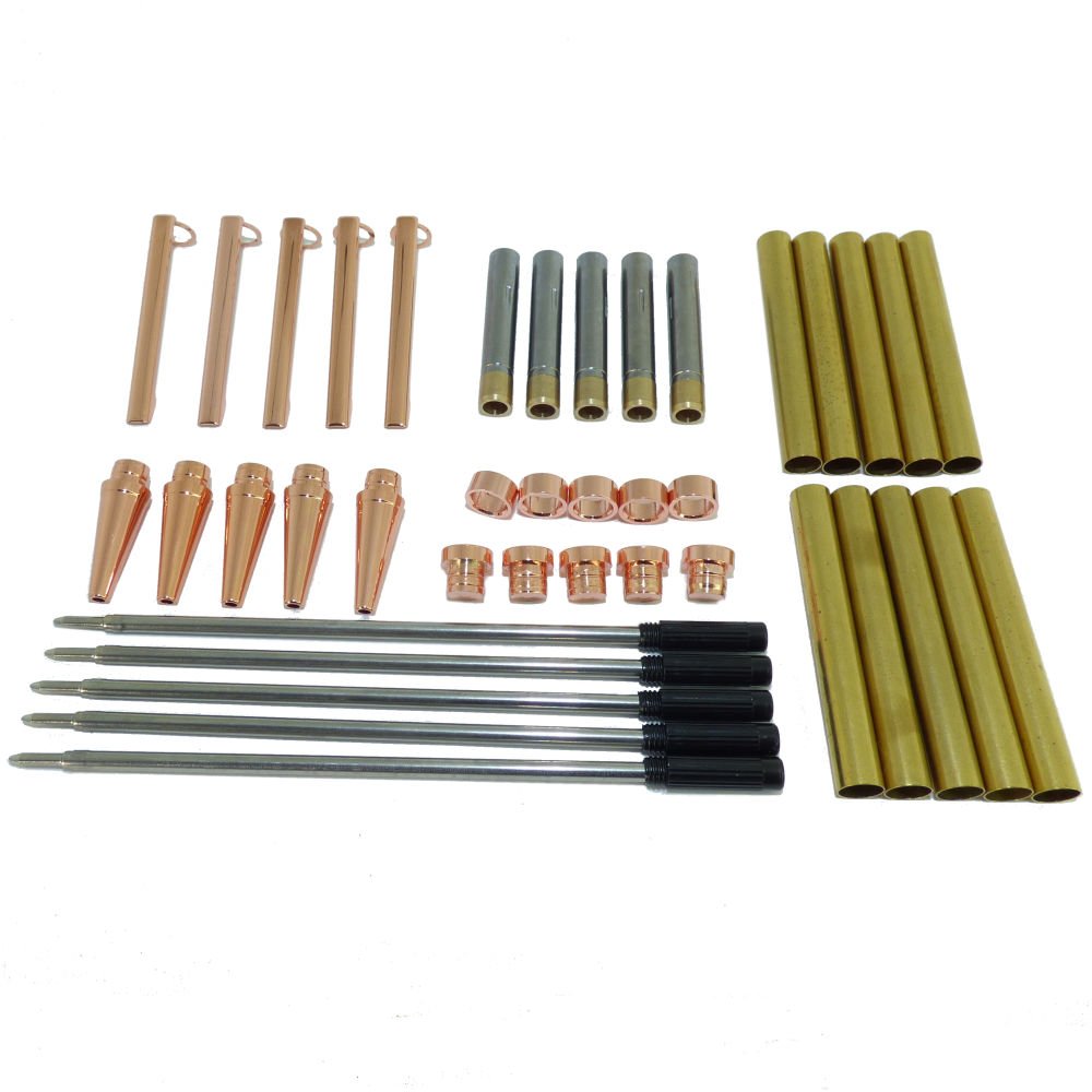 Woodturning Slimline Pen Kit Set x 5, Copper Finish, twist mechanism