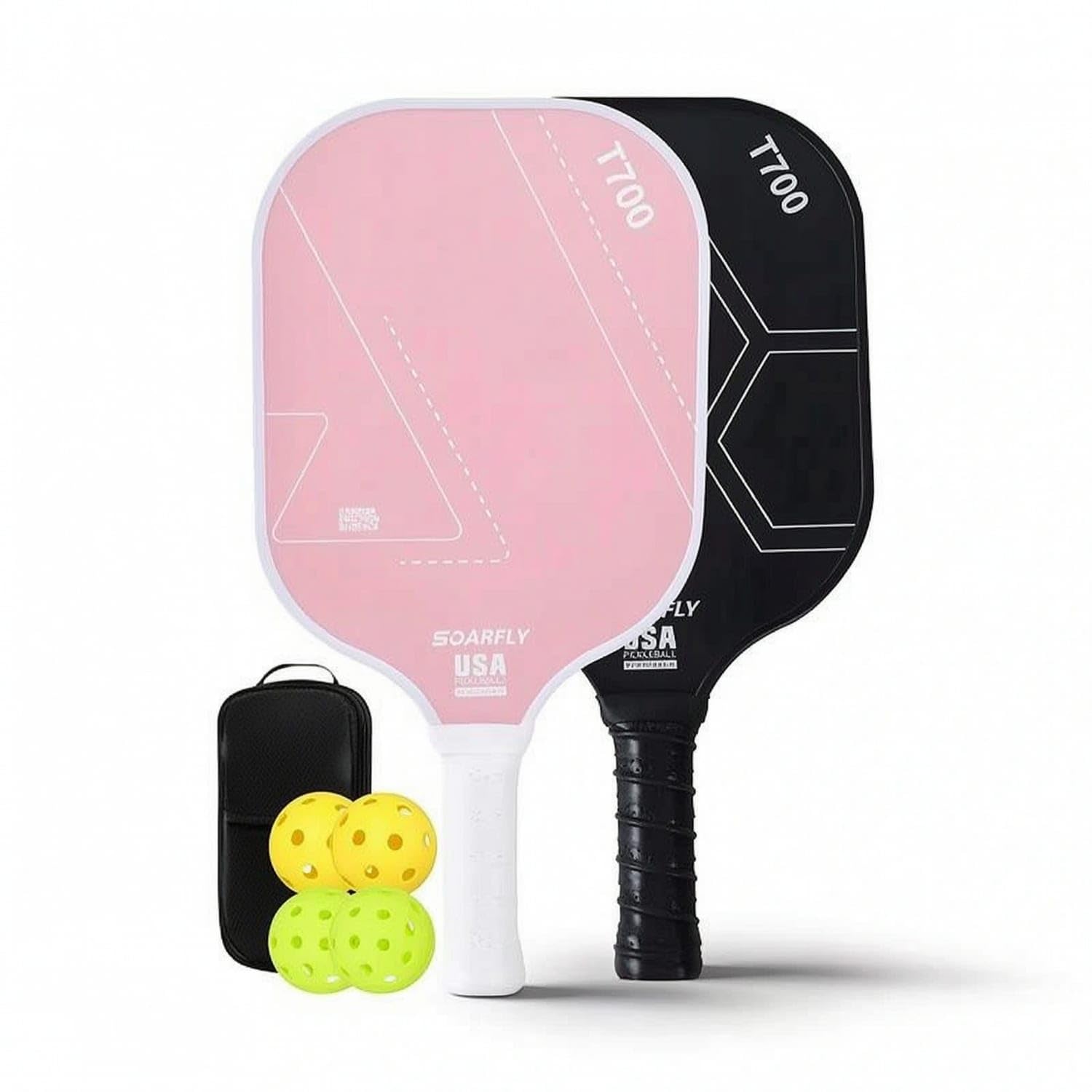 2 Pieces Fiberglass Pickleball Paddle Set with Bag Polypropylene Honeycomb Pickleball Set Long-Lasting Racket Lightweight for Beginners, Adults, Outdoor Games, Pink Black-image-11