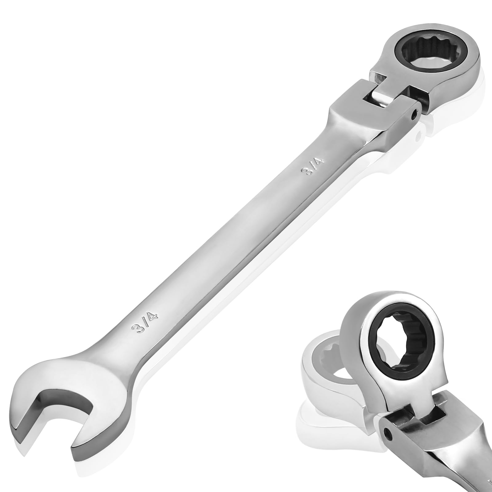 Kyuionty 3/4 Inch Ratchet Wrench Imperial, Flex Head Combination Wrench 72-Teeth 12 Point Box End Wrench Spanner, Chrome Vanadium Steel