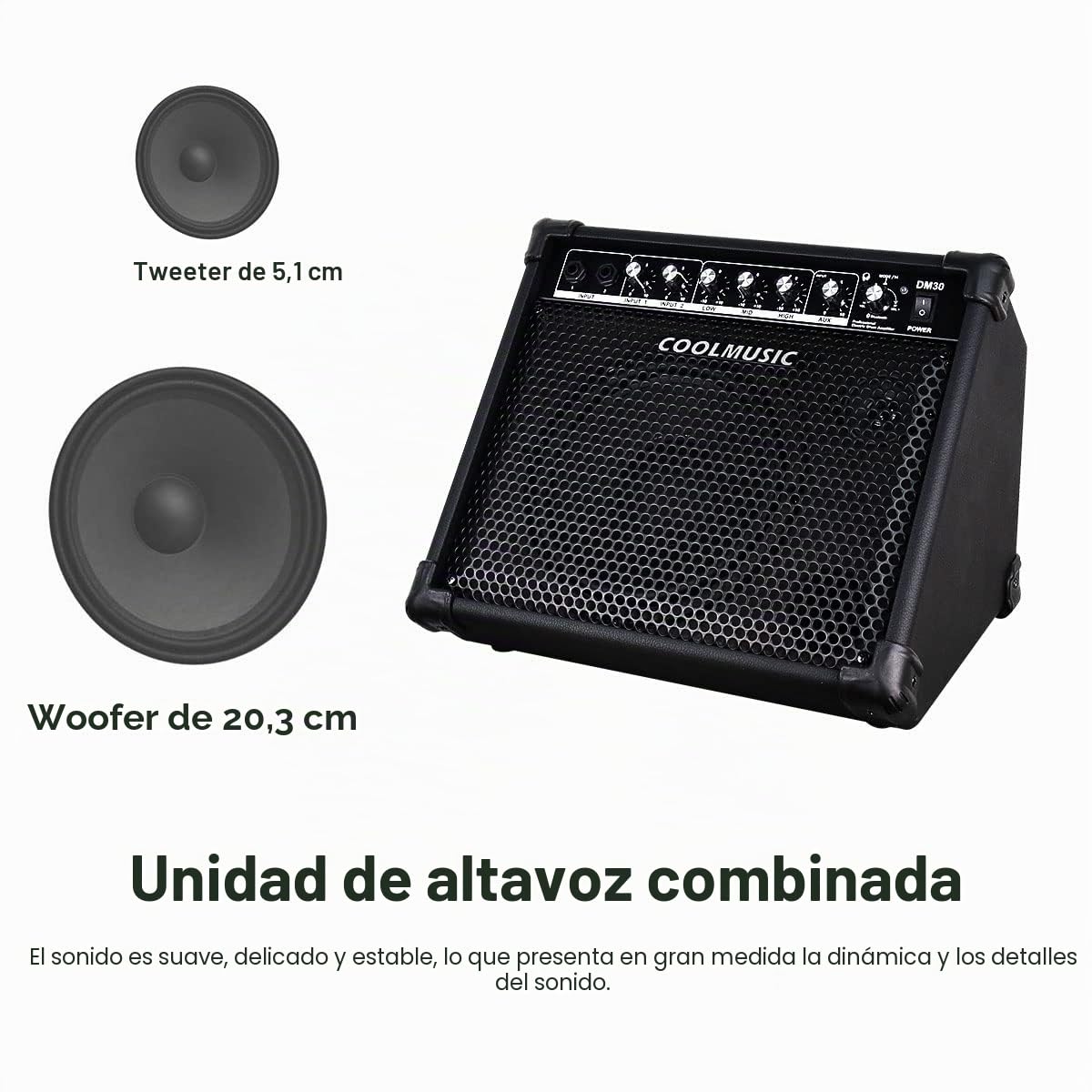 Coolmusic DM30 - Amplificador de batería o teclado electrónico, 30 W, entrada auxiliar y Bluetooth, 2 entradas, ecualizador de 3 bandas y salida directa