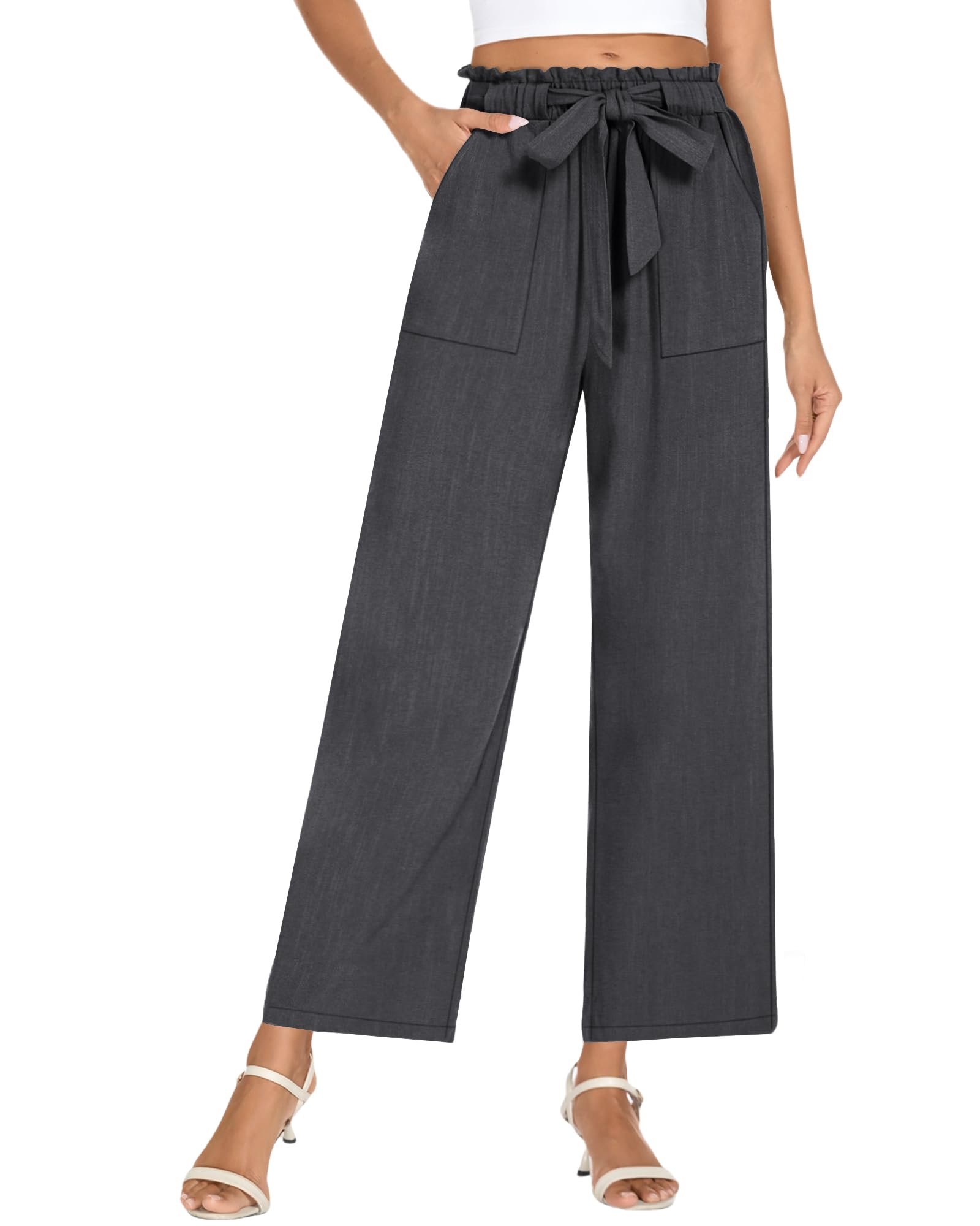 Neer Womens Linen Wide Leg Long Pants with Pocket Elastic Waist Straight Casual Pants Adjustable Tie Knot Loose